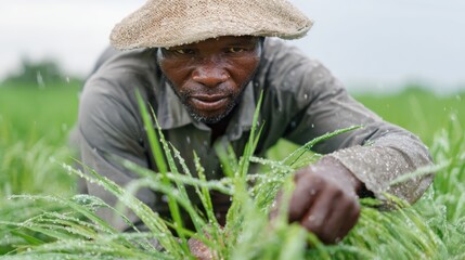 Farmers implementing climate-resilient farming techniques to adapt to changing weather patterns. Resilience, sustainability. Rural, determined.