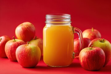 Freshly made apple juice served in a mason jar surrounded by ripe red and green apples on a vibrant red background