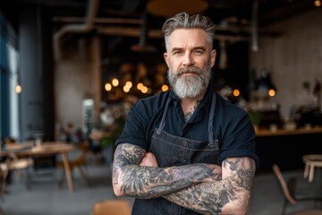 Confident tattooed man with a beard stands proudly in a trendy cafe during a busy afternoon, showcasing his style and passion for coffee and service