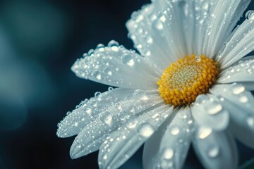 Close-up of a dewy white daisy with vibrant yellow center against a dark background