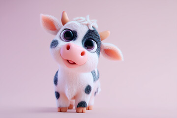 Naklejka premium A cute cartoon cow with big expressive eyes and soft fur standing on a clean white background, perfect for children’s books, educational materials, farm-themed posters, and dairy product advertising.