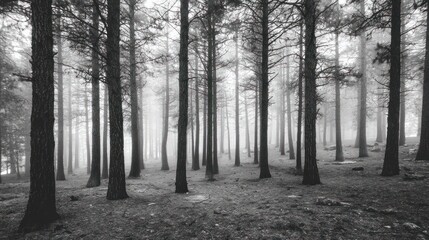 Naklejka premium Misty forest scene in monochrome
