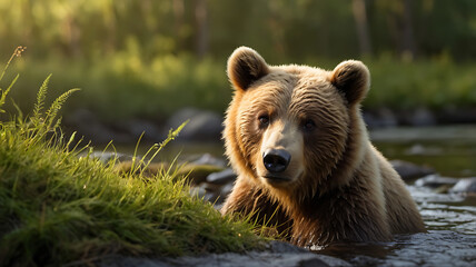 Obraz premium A close-up of a brown bear cub sitting near a stream in a lush green forest, captured during early morning light. The bear’s fur is illuminated with soft golden hues, while the background features a g