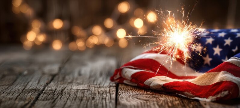The American flag illuminated by sparks from a festive sparkler on wooden background. - Powered by Adobe
