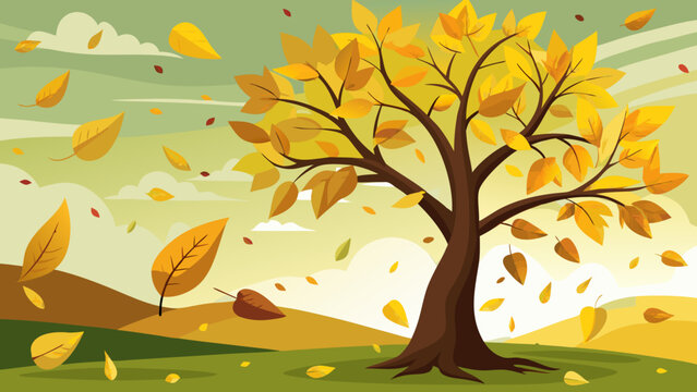 Autumn tree with falling yellow leaves on a windy day in a hilly countryside landscape