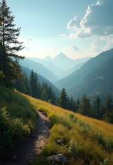 Mountain trail through wildflowers to Italian Alps. Perfect for travel blogs, outdoor magazines, or nature themed websites needing serene landscapes.