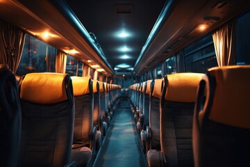 Fototapeta premium Empty bus interior showcasing rows of seats with orange and gray upholstery illuminated by soft overhead lights during nighttime