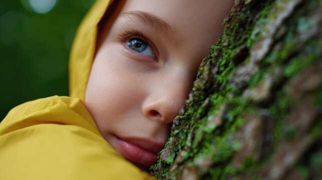 Close-up of a child hugging a tree, fostering connection with nature. Environmental education, appreciation. Tender, natural.