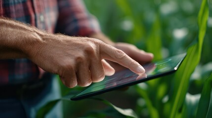 Farmer monitoring crop health and growth on a digital dashboard, real-time insights. Agri-tech, decision-making. Rural, modern.