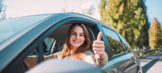 The smiling woman sitting in a car giving a thumbs-up sign outdoors.