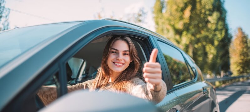 The smiling woman sitting in a car giving a thumbs-up sign outdoors. - Powered by Adobe