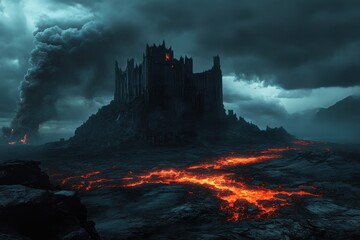 Fototapeta premium Mysterious castle surrounded by flowing lava with ominous clouds at twilight