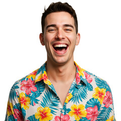 A young man in a Hawaiian shirt is isolated on a transparent background PNG.