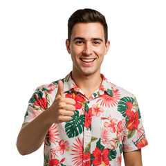 Happy Tourist in Floral Shirt Showing Approval –Isolated on Transparent Background PNG.