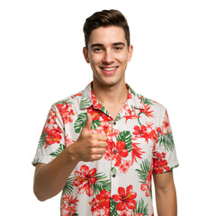 Happy Tourist in Floral Shirt Showing Approval –Isolated on Transparent Background PNG.