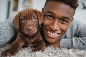 Young African American man enjoying a playful moment with a puppy while lying on a cozy carpet in a comfortable living room setting during the afternoon