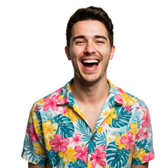 A young man in a Hawaiian shirt is isolated on a transparent background PNG.