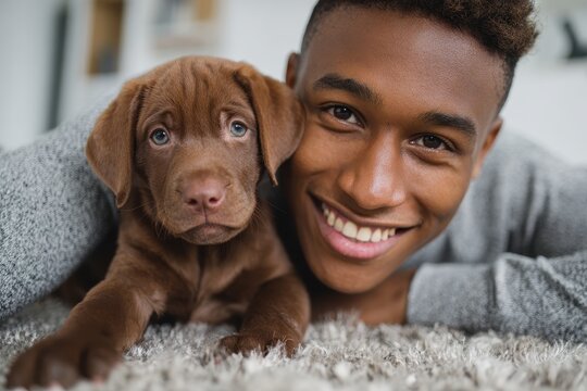 Young African American man enjoying a playful moment with a puppy while lying on a cozy carpet in a comfortable living room setting during the afternoon - Powered by Adobe