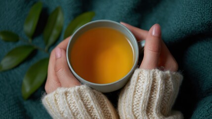 Person enjoying a quiet moment with a cup of herbal tea, promoting self-care and relaxation. Comfort, tranquility. Cozy, warm.