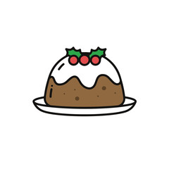 A Christmas pudding dessert with icing and red berries on top. 