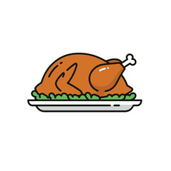 Roasted chicken on a platter with garnish.