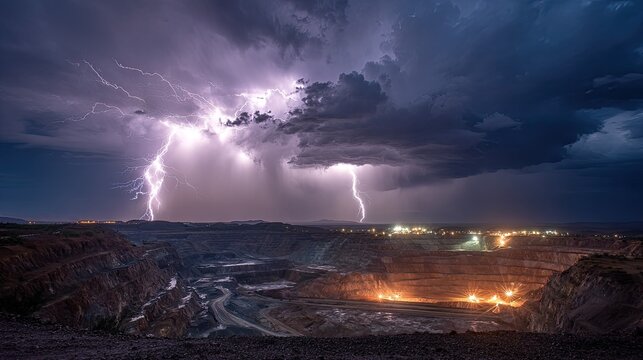 Dramatic lightning storm over open-pit mine
