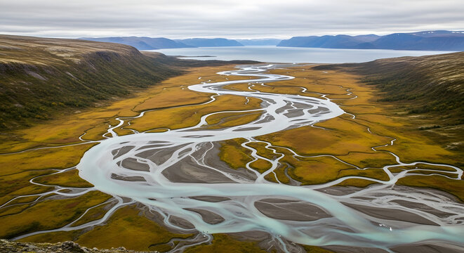 An aerial view of a winding river flowing through a vast valley under an overcast sky