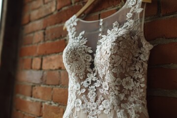 Elegant wedding dress with intricate lace detailing displayed against a rustic brick wall, showcasing its delicate craftsmanship and timeless design