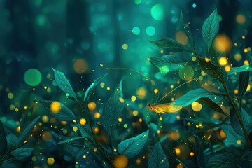 Glowing magical fireflies dance among vibrant emerald leaves under a twilight sky in a serene forest setting
