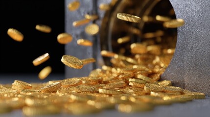 Abstract background: Golden coins raining down into a digital bank vault, symbolizing digital wealth. Prosperity, secure assets.