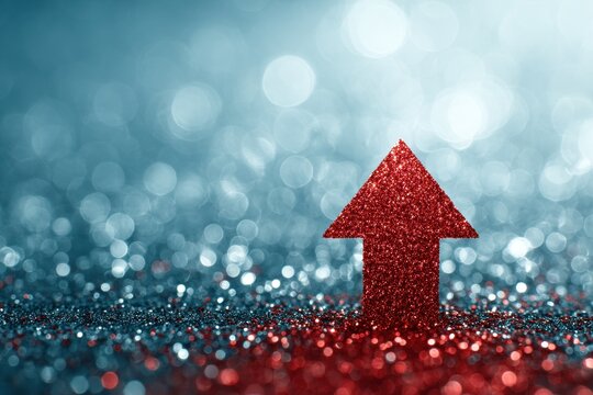Red glittery arrow points upward on sparkling surface, conveying a positive direction and uplifting vibes in a festive and vibrant setting