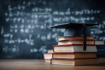 A stack of books with an academic cap on top, set against the backdrop of mathematical equations and symbols on a blackboard background, symbolizing education or college life Generative AI