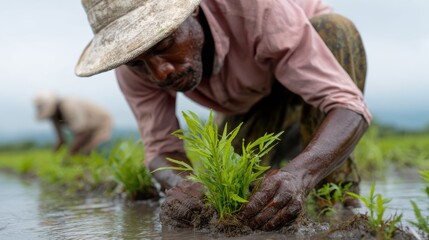Farmers implementing climate-resilient farming techniques to adapt to changing weather patterns. Resilience, sustainability. Rural, determined.