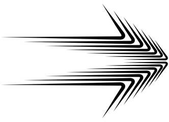 Vector arrow. Abstract striped design element for design in social networks, advertising, packaging, video. Sharp Modern sporty dynamic pattern of black lines on a white background.