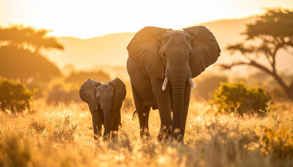 Obraz premium A touching wildlife scene of a mother elephant walking alongside her baby calf through the golden grasslands during sunset.