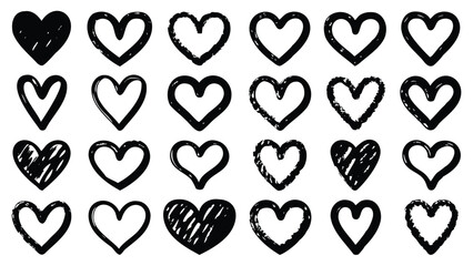 Drawn hearts in black and white create a pattern of love and affection symbols isolated on transparent background