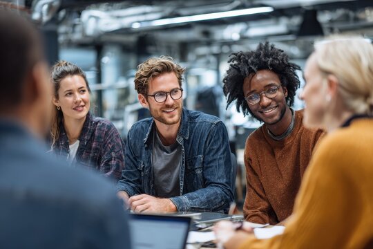 Diverse young professionals engage in collaborative brainstorming session at a modern workspace during a sunny afternoon