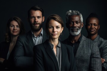 Diverse team of business professionals posing confidently in formal attire against a dark background