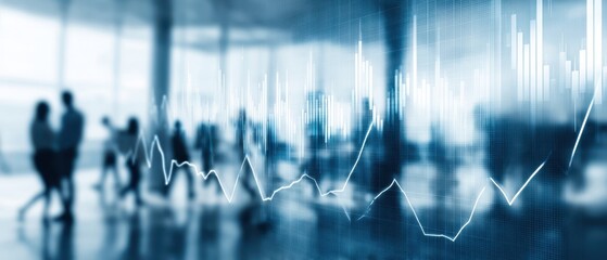 The futuristic graph displaying financial data in a modern office environment.