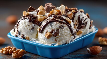 Creamy ice cream scoops sit in a blue dish, drizzled with rich chocolate sauce and sprinkled with nuts. The setting has a rustic wooden texture, enhancing the dessert's appeal.