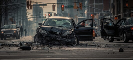 The abandoned car wreck on a deserted city street after a major accident
