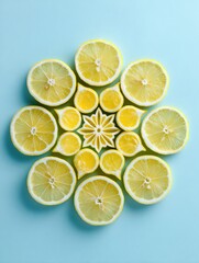 Lemon Wedges Arranged in a Mandala Design on a Light Blue Surface With Open Space at the Top Margin
