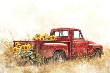 Vintage red truck filled with bright sunflowers in a field