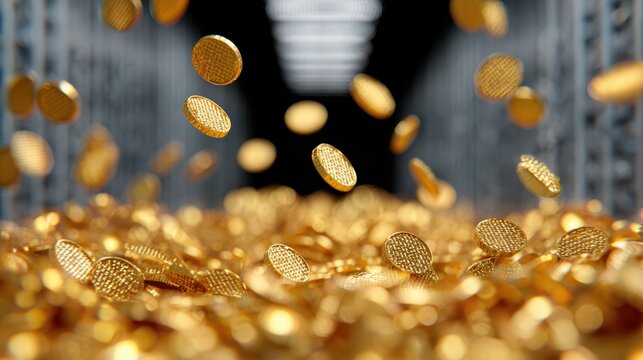 Abstract background: Golden coins raining down into a digital bank vault, symbolizing digital wealth. Prosperity, secure assets.