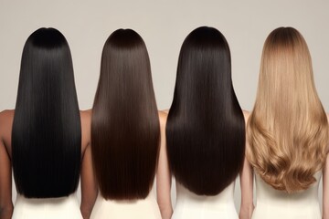 Display of diverse long black straight and wavy hairstyles showcasing various textures and colors under soft lighting in a minimalist studio setting
