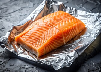Raw Salmon Fillet on Aluminum Foil, Gourmet Food Photography, Dark Moody Style
