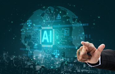 AI circuit microchip with glowing blue lines, surrounded by legal scales, warning symbols, data...