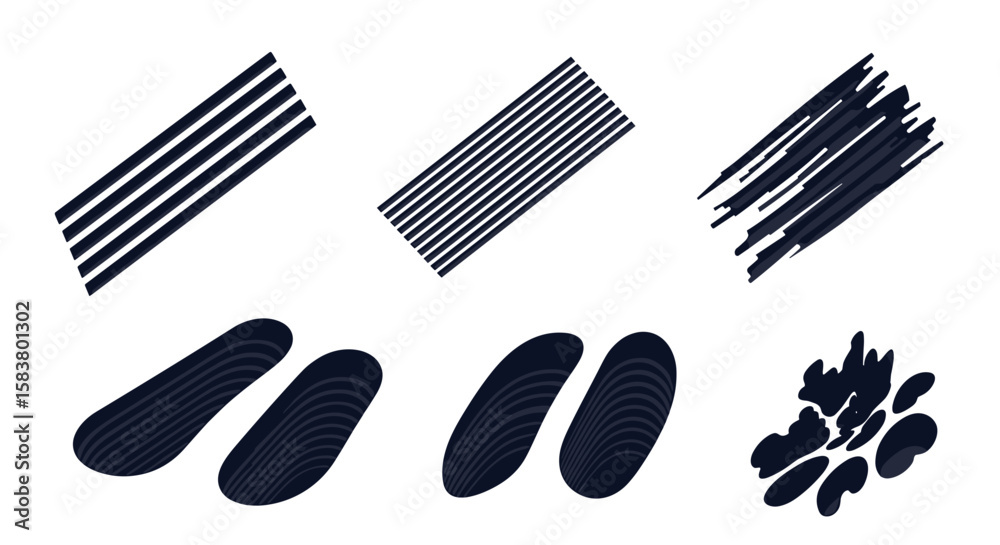 Poster six abstract shapes with parallel lines and curved forms on a white background design art