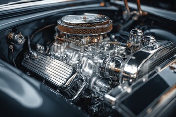 Fototapeta premium Close up view of a meticulously polished vintage car engine showcasing chrome details and classic design elements in a well-maintained automobile setting