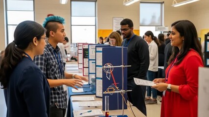 Diverse Students Engaging in Scientific Projects and Discussions at an Educational Fair, Showcasing Innovation and Learning